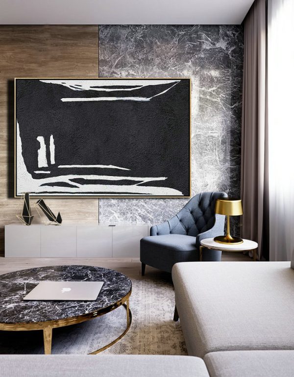 Modern Paintings On Canvas,Hand Painted Oversized Horizontal Minimal Art On Canvas, Black And White Minimalist Painting - Acrylic Painting On Canvas - Image 6