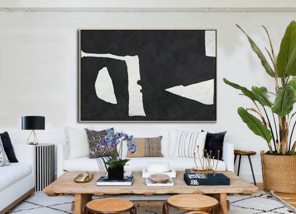 Large Wall Canvas,Hand Painted Oversized Horizontal Minimal Art On Canvas, Black And White Minimalist Painting - Modern Canvas Art - Image 2
