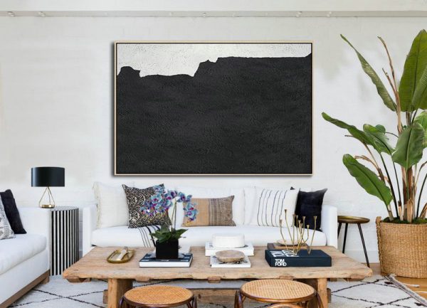 Large Canvas Wall Art For Sale,Hand Painted Oversized Horizontal Minimal Art On Canvas, Black And White Minimalist Painting - Canvas Artwork For Sale - Image 2