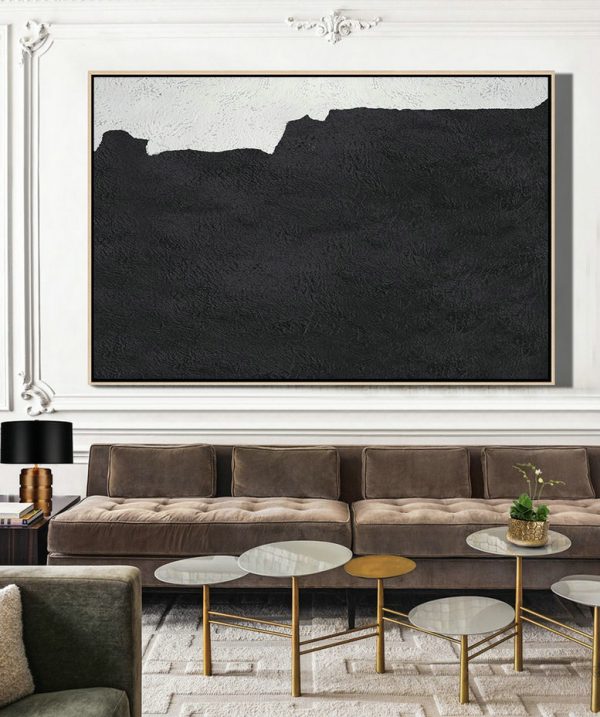 Large Canvas Wall Art For Sale,Hand Painted Oversized Horizontal Minimal Art On Canvas, Black And White Minimalist Painting - Canvas Artwork For Sale - Image 3