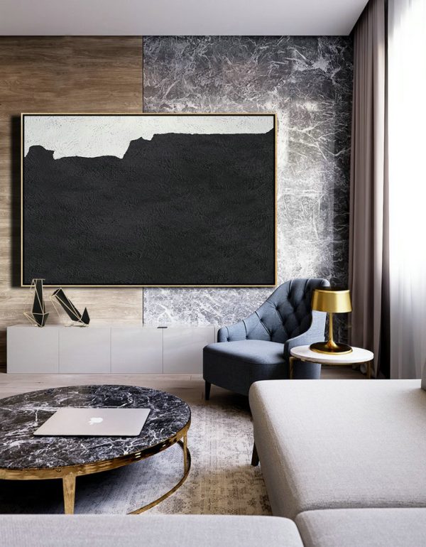 Large Canvas Wall Art For Sale,Hand Painted Oversized Horizontal Minimal Art On Canvas, Black And White Minimalist Painting - Canvas Artwork For Sale - Image 7