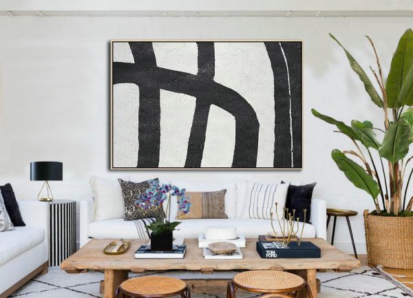 Modern Paintings On Canvas,Hand Painted Oversized Horizontal Minimal Art On Canvas, Black And White Minimalist Painting - Size Extra Large Abstract Art - Image 2