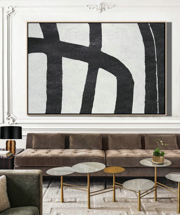 Modern Paintings On Canvas,Hand Painted Oversized Horizontal Minimal Art On Canvas, Black And White Minimalist Painting - Size Extra Large Abstract Art - Image 3