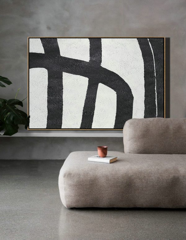 Modern Paintings On Canvas,Hand Painted Oversized Horizontal Minimal Art On Canvas, Black And White Minimalist Painting - Size Extra Large Abstract Art - Image 6
