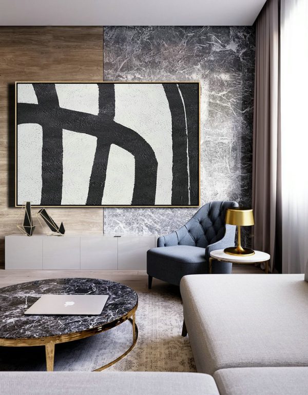 Modern Paintings On Canvas,Hand Painted Oversized Horizontal Minimal Art On Canvas, Black And White Minimalist Painting - Size Extra Large Abstract Art - Image 7