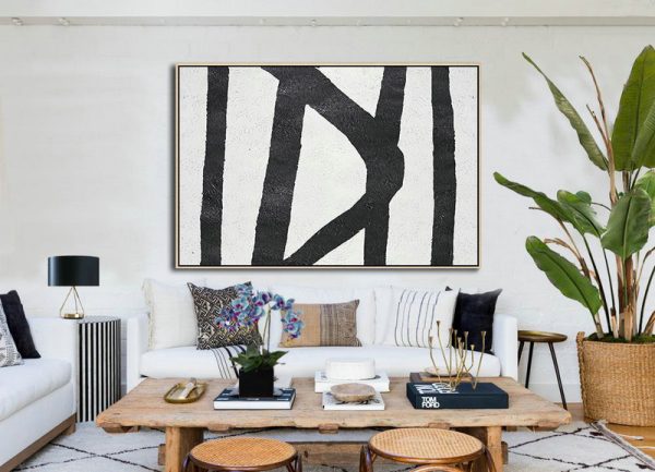Extra Large Artwork,Hand Painted Oversized Horizontal Minimal Art On Canvas, Black And White Minimalist Painting - Modern Abstract Wall Art - Image 2