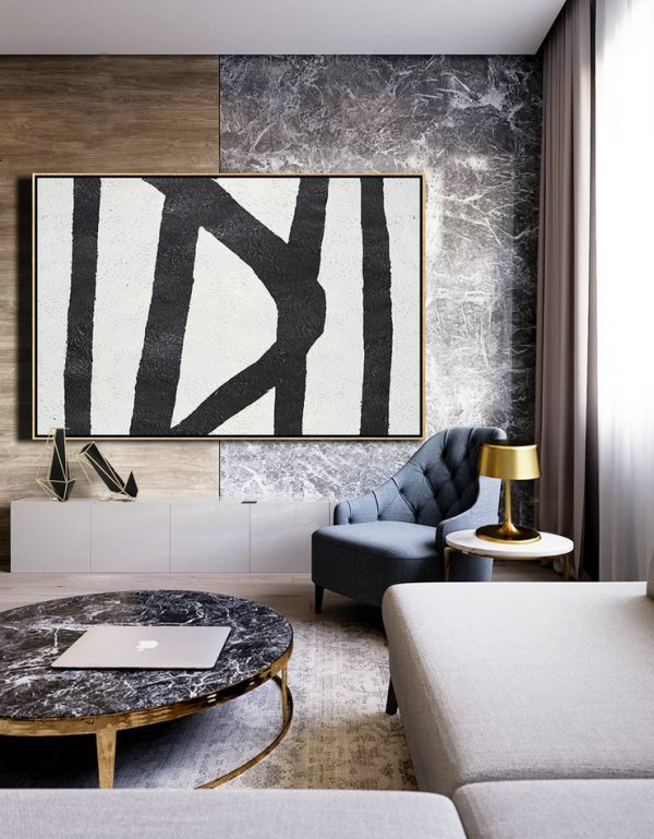 Extra Large Artwork,Hand Painted Oversized Horizontal Minimal Art On Canvas, Black And White Minimalist Painting - Modern Abstract Wall Art - Image 7