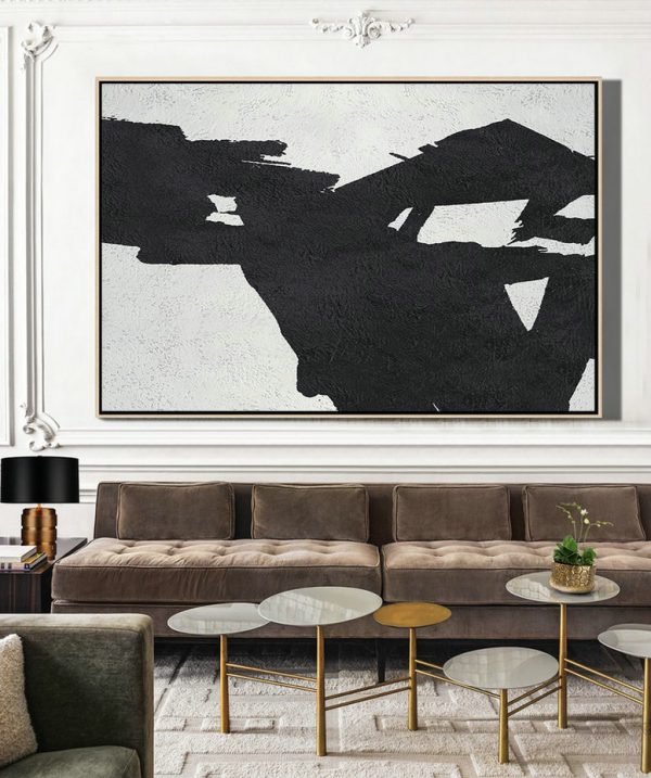 Large Paintings For Living Room,Hand Painted Oversized Horizontal Minimal Art On Canvas, Black And White Minimalist Painting - Living Room Canvas Art - Image 3