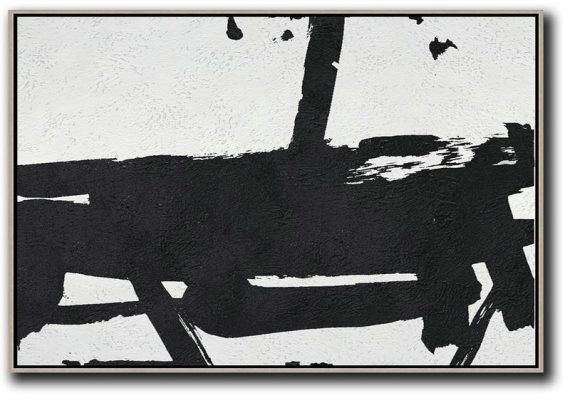 Large Wall Art Canvas,Hand Painted Oversized Horizontal Minimal Art On Canvas, Black And White Minimalist Painting - Modern Wall Decor