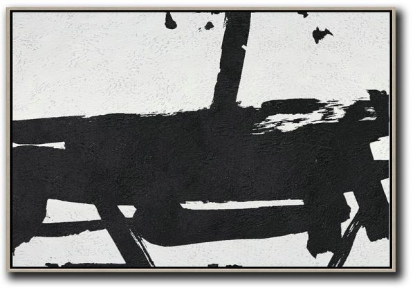 Large Wall Art Canvas,Hand Painted Oversized Horizontal Minimal Art On Canvas, Black And White Minimalist Painting - Modern Wall Decor