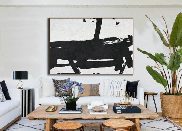 Large Wall Art Canvas,Hand Painted Oversized Horizontal Minimal Art On Canvas, Black And White Minimalist Painting - Modern Wall Decor - Image 2