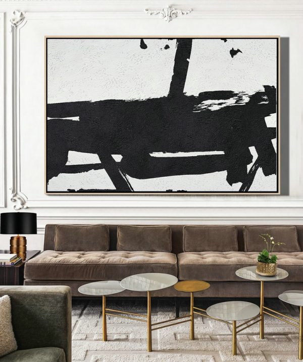 Large Wall Art Canvas,Hand Painted Oversized Horizontal Minimal Art On Canvas, Black And White Minimalist Painting - Modern Wall Decor - Image 3