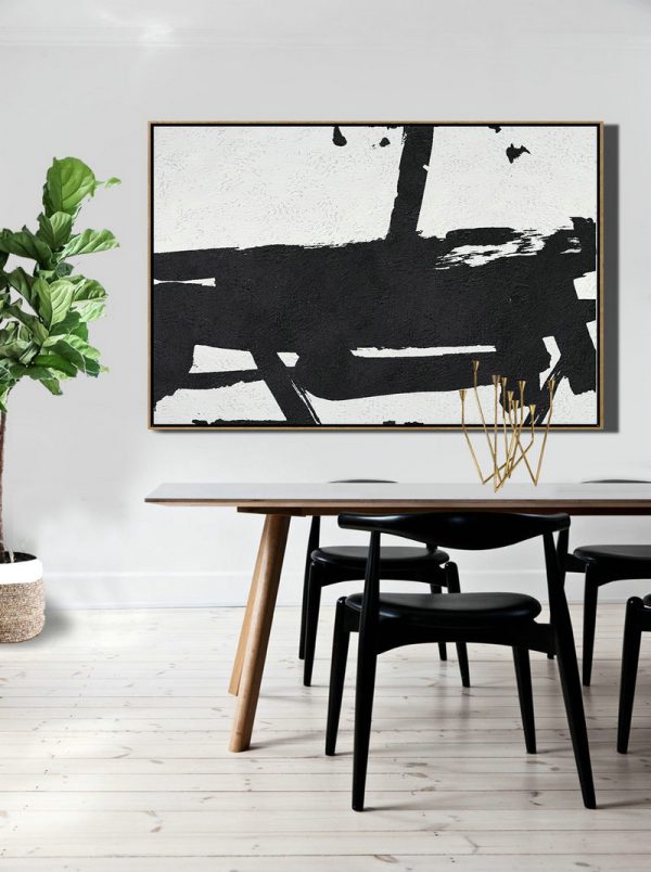 Large Wall Art Canvas,Hand Painted Oversized Horizontal Minimal Art On Canvas, Black And White Minimalist Painting - Modern Wall Decor - Image 4