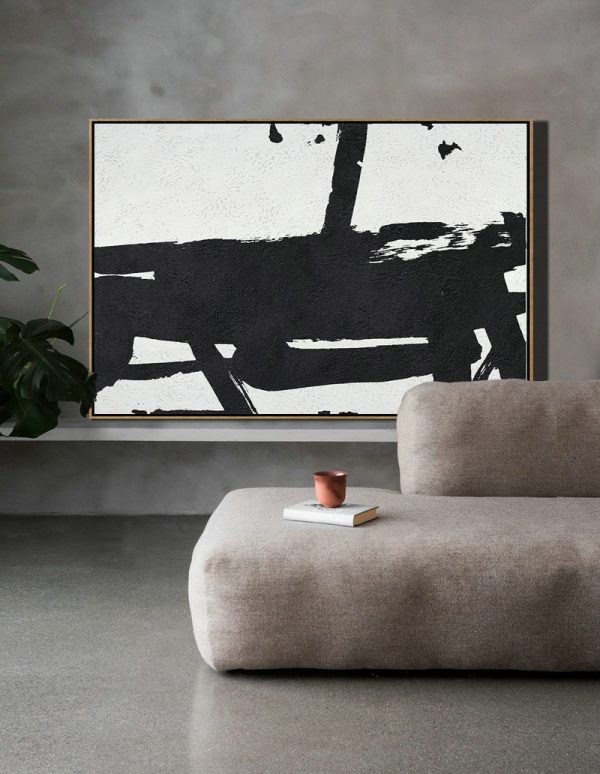 Large Wall Art Canvas,Hand Painted Oversized Horizontal Minimal Art On Canvas, Black And White Minimalist Painting - Modern Wall Decor - Image 5