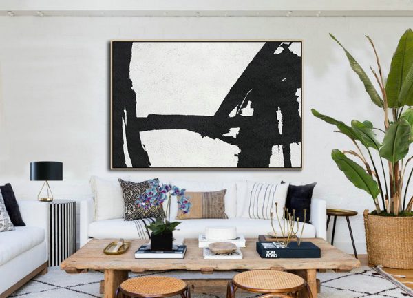 Large Contemporary Painting,Hand Painted Oversized Horizontal Minimal Art On Canvas, Black And White Minimalist Painting - Contemporary Wall Art - Image 2