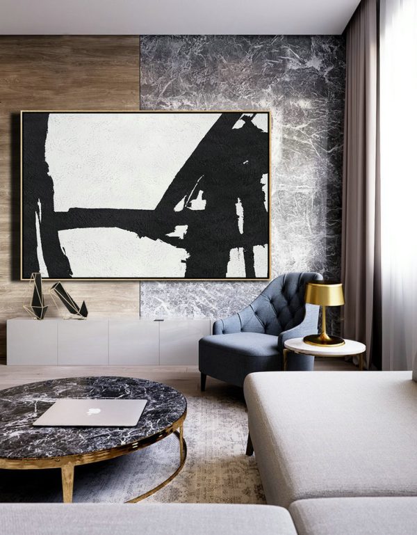 Large Contemporary Painting,Hand Painted Oversized Horizontal Minimal Art On Canvas, Black And White Minimalist Painting - Contemporary Wall Art - Image 7