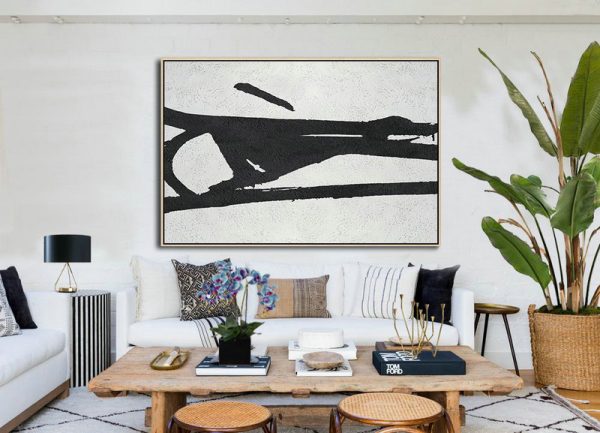 Large Wall Art Home Decor,Hand Painted Oversized Horizontal Minimal Art On Canvas, Black And White Minimalist Painting - Abstract Painting Modern Art - Image 2