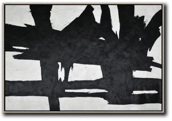 Modern Wall Art,Hand Painted Oversized Horizontal Minimal Art On Canvas, Black And White Minimalist Painting - Abstract Painting On Canvas
