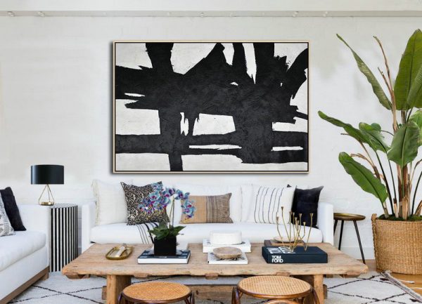 Modern Wall Art,Hand Painted Oversized Horizontal Minimal Art On Canvas, Black And White Minimalist Painting - Abstract Painting On Canvas - Image 4
