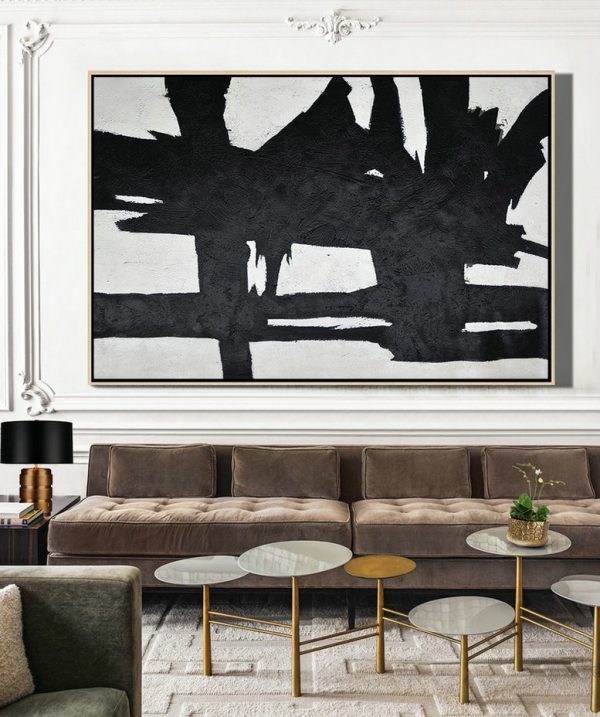 Modern Wall Art,Hand Painted Oversized Horizontal Minimal Art On Canvas, Black And White Minimalist Painting - Abstract Painting On Canvas - Image 5
