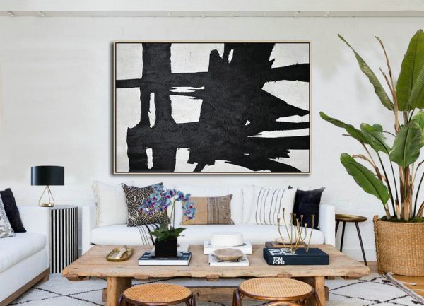 Modern Wall Art,Hand Painted Oversized Horizontal Minimal Art On Canvas, Black And White Minimalist Painting - Abstract Painting On Canvas - Image 10