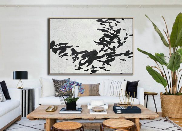 Hand Painted Acrylic Painting,Oversized Horizontal Minimal Art On Canvas, Black And White Minimalist Painting - Huge Abstract Canvas Art - Image 2
