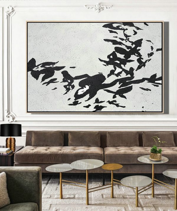 Hand Painted Acrylic Painting,Oversized Horizontal Minimal Art On Canvas, Black And White Minimalist Painting - Huge Abstract Canvas Art - Image 3