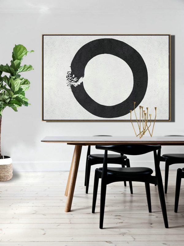 Hand Painted Aclylic Painting On Canvas,Oversized Horizontal Circle Minimal Art On Canvas, Black And White Minimalist Geometric Painting - Big Art Canvas - Image 4