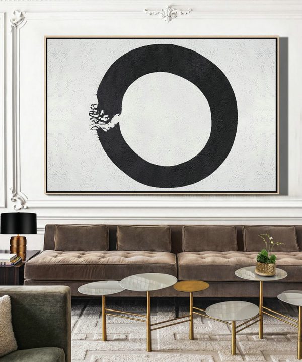 Hand Painted Aclylic Painting On Canvas,Oversized Horizontal Circle Minimal Art On Canvas, Black And White Minimalist Geometric Painting - Big Art Canvas - Image 7