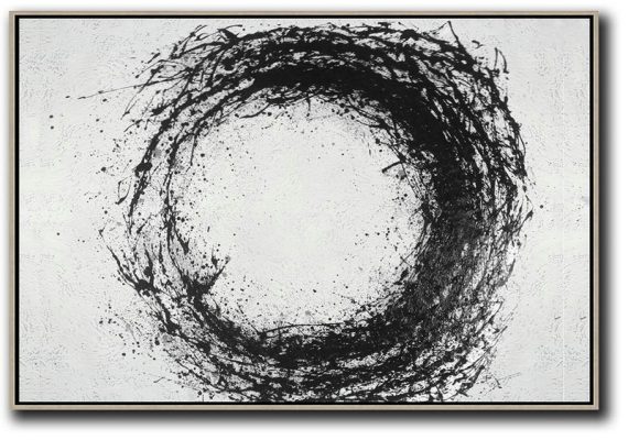 Artwork For Sale,Oversized Horizontal Minimalist Drip Painting On Canvas, Black And White - Textured Painting Canvas Art