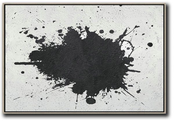 Modern Canvas Art,Oversized Horizontal Minimalist Splash Art On Canvas, Black And White Minimalist Painting - Hand-Painted Contemporary Art