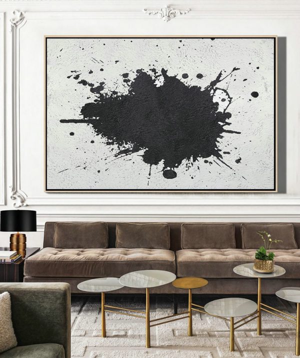 Modern Canvas Art,Oversized Horizontal Minimalist Splash Art On Canvas, Black And White Minimalist Painting - Hand-Painted Contemporary Art - Image 3