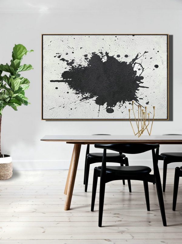 Modern Canvas Art,Oversized Horizontal Minimalist Splash Art On Canvas, Black And White Minimalist Painting - Hand-Painted Contemporary Art - Image 5
