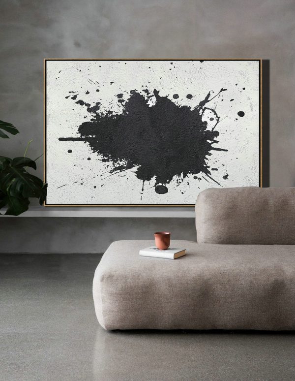 Modern Canvas Art,Oversized Horizontal Minimalist Splash Art On Canvas, Black And White Minimalist Painting - Hand-Painted Contemporary Art - Image 6