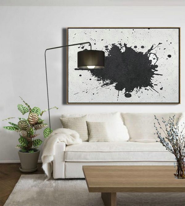 Modern Canvas Art,Oversized Horizontal Minimalist Splash Art On Canvas, Black And White Minimalist Painting - Hand-Painted Contemporary Art - Image 7