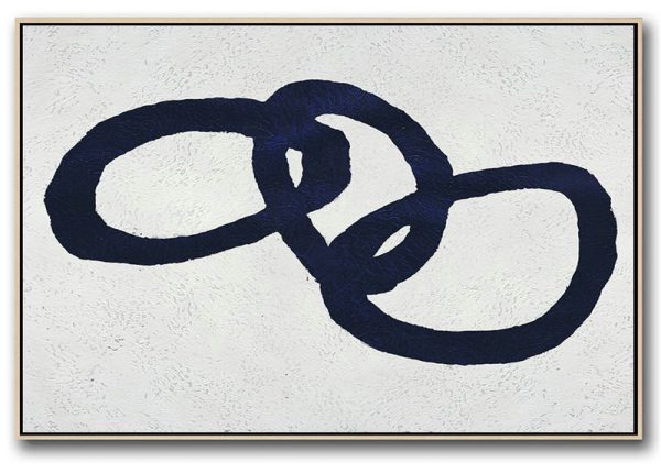 Living Room Wall Art,Horizontal Abstract Painting Navy Blue Minimalist Painting On Canvas,Big Art Canvas
