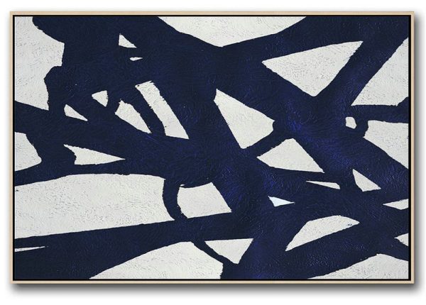 Modern Wall Decor,Horizontal Abstract Painting Navy Blue Minimalist Painting On Canvas,Unique Canvas Art