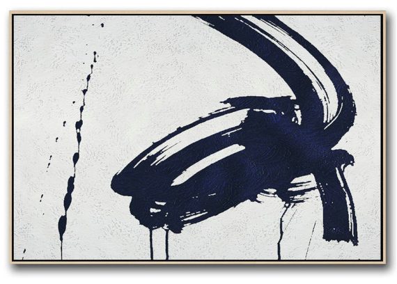 Extra Large Canvas Art,Horizontal Abstract Painting Navy Blue Minimalist Painting On Canvas,Large Wall Art Home Decor