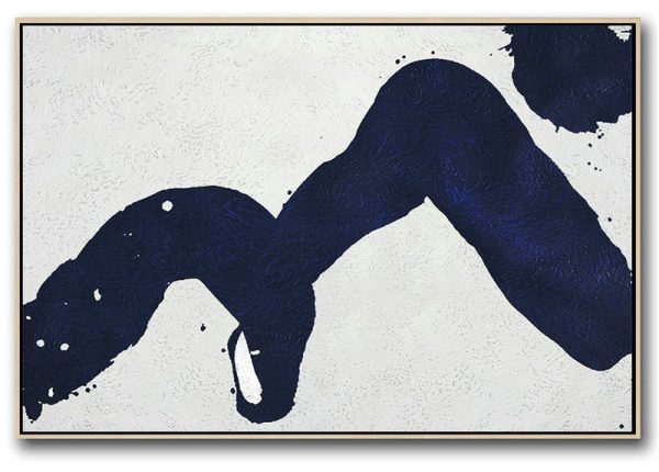 Large Wall Art Home Decor,Horizontal Abstract Painting Navy Blue Minimalist Painting On Canvas,Artwork For Sale