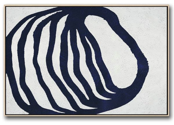 Acrylic Painting Large Wall Art,Horizontal Abstract Painting Navy Blue Minimalist Painting On Canvas,Canvas Paintings For Sale