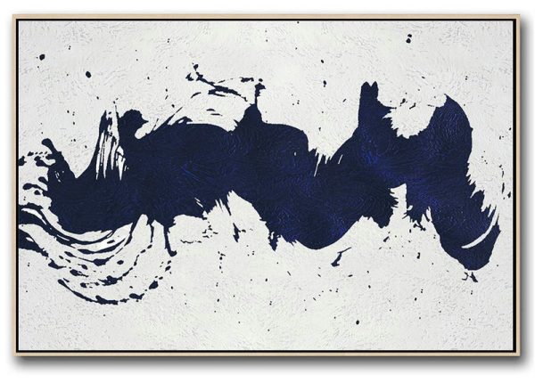 Extra Large Abstract Painting On Canvas,Horizontal Abstract Painting Navy Blue Minimalist Painting On Canvas,Living Room Wall Art