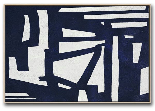 Oversized Canvas Art,Horizontal Abstract Painting Navy Blue Minimalist Painting On Canvas,Extra Large Wall Art