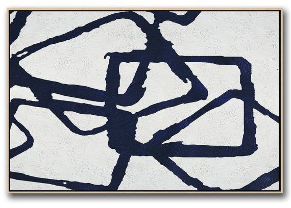 Extra Large Canvas Painting,Horizontal Navy Painting Abstract Minimalist Art On Canvas,Living Room Canvas Art