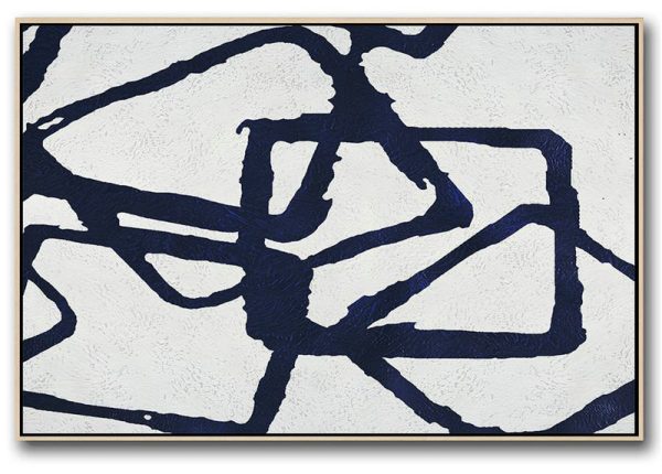 Extra Large Canvas Painting,Horizontal Navy Painting Abstract Minimalist Art On Canvas,Living Room Canvas Art