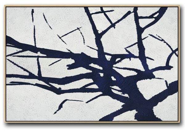 Extra Large Canvas Art,Horizontal Navy Painting Abstract Minimalist Art On Canvas,Modern Wall Art