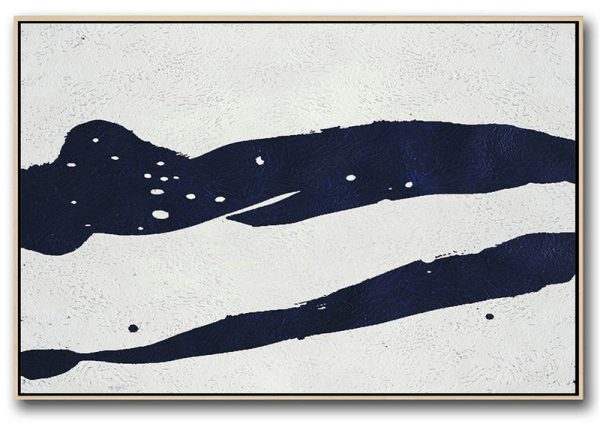 Contemporary Abstract Painting,Horizontal Navy Painting Abstract Minimalist Art On Canvas,Modern Art Abstract Painting