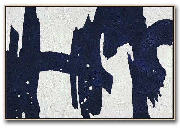 Modern Art Oil Painting,Horizontal Navy Painting Abstract Minimalist Art On Canvas,Hand Painted Original Art