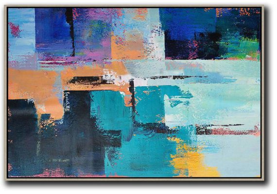 Hand Made Abstract Art,Horizontal Palette Knife Contemporary Art,Large Living Room Decor,Earthy Yellow ,Blue,Black.etc