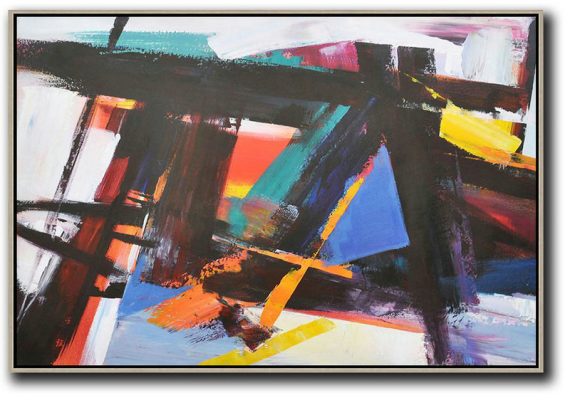 Extra Large Canvas Art,Horizontal Palette Knife Contemporary Art,Oversized Canvas Art,White,Black,Blue,Yellow.etc