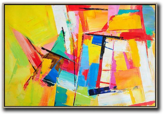 Personalized Canvas Art,Horizontal Palette Knife Contemporary Art,Oversized Art,Yellow,White,Blue,White,Purple.etc